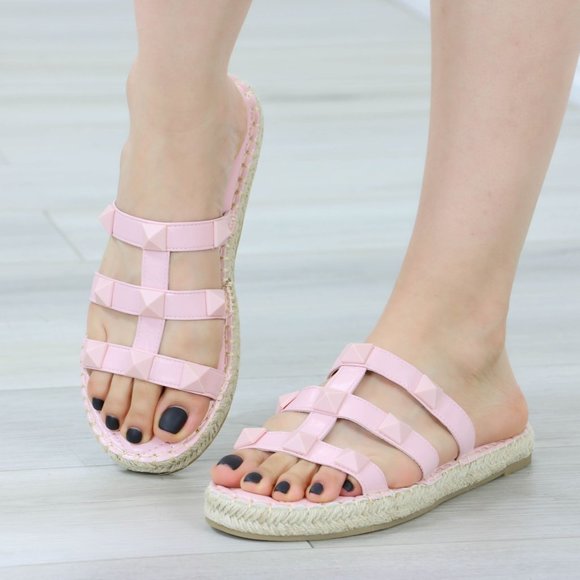 Shoes - Pink Quilted Pattern Espadrille Trendy Comfy Flat Sandal Slip On Sliders